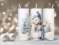 Preview: Thermobecher mit einem winterlichen Schneemann-Aquarell-Design. Der Becher zeigt einen Schneemann mit blauem Hut und kariertem Schal, umgeben von verschneiten Bäumen und einer Winterlandschaft. Perfekt für heiße und kalte Getränke, mit 590 ml Fassungsverm